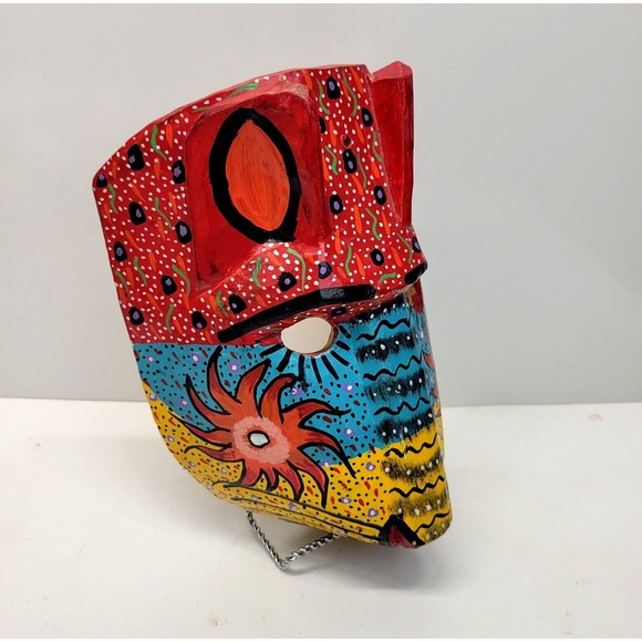 Handmade Carved Wood Cat Mask Jaguar Leopard Guatemala Mexico Folk Art Vintage - Picture 10 of 16